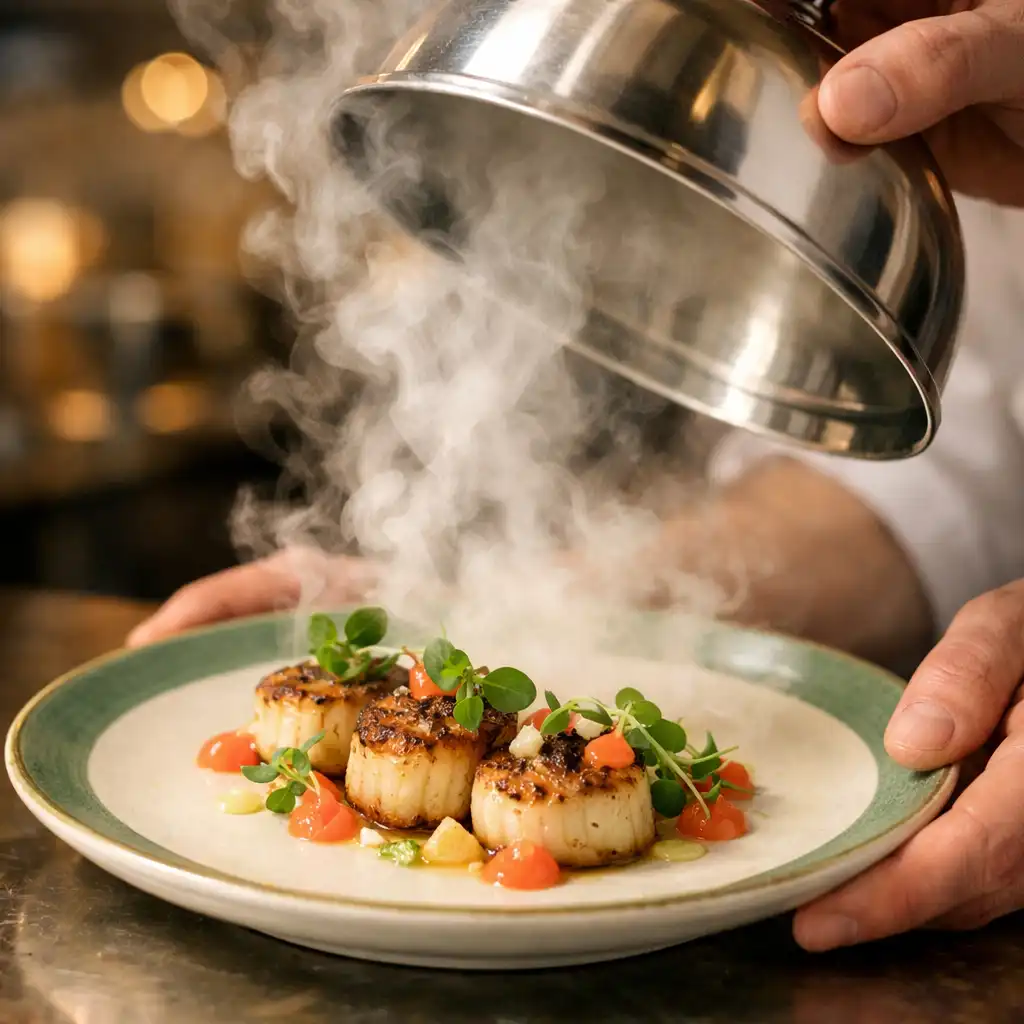 Chef lifting a cloche to reveal a plated dish with seared scallops and microgreens