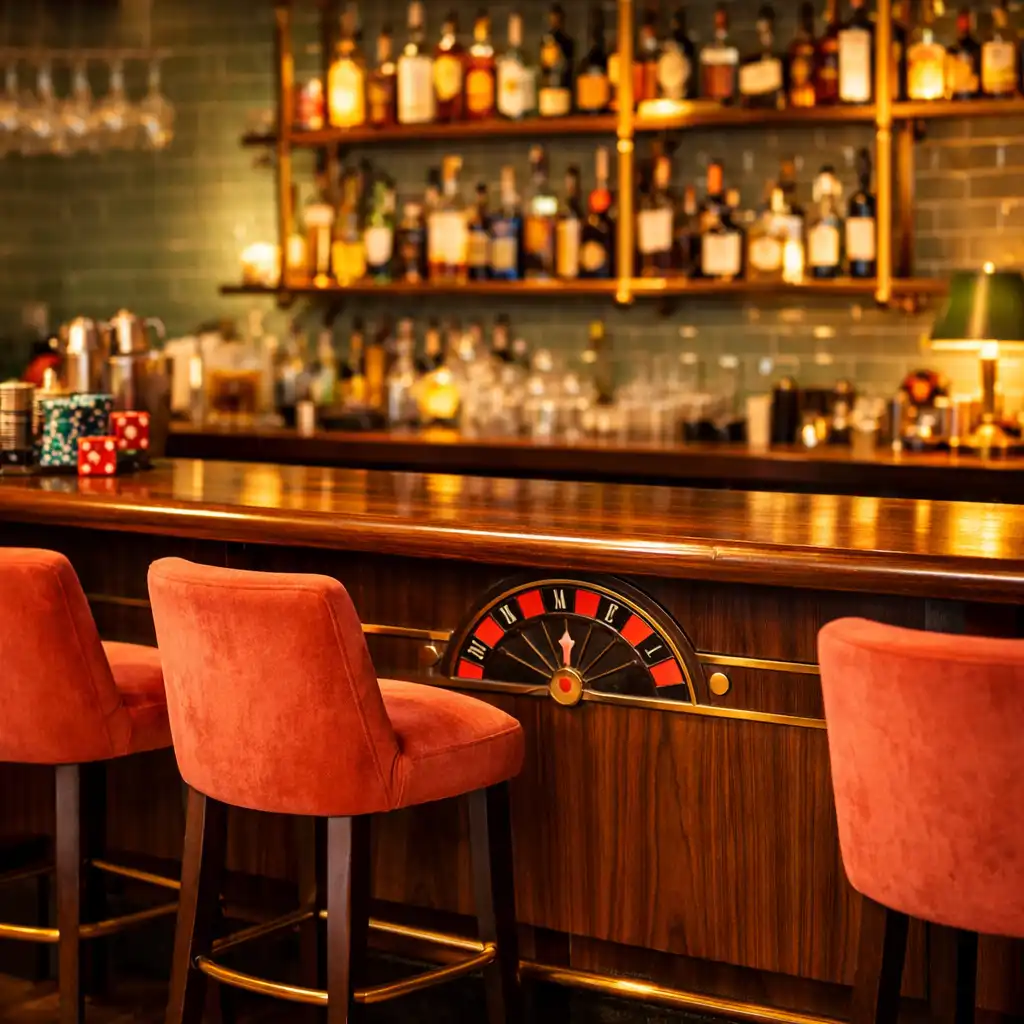Stylish restaurant bar area with polished walnut top, coral velvet stools, and sage green tile backdrop