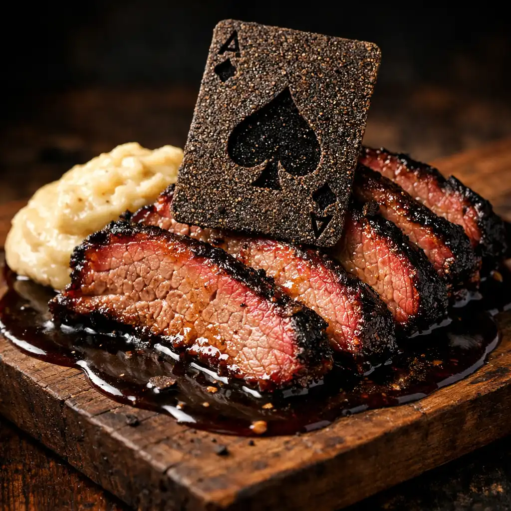 Blackjack Brisket with smoked wagyu slices, black garlic jus, and a card-shaped pepper tuile