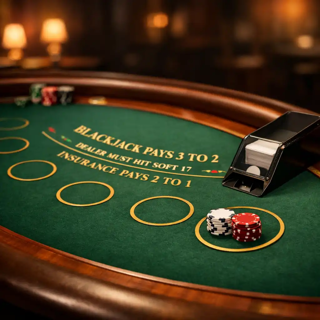 Blackjack table with curved felt surface, betting circles, and a shoe