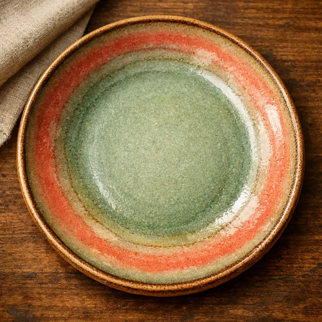 Handmade ceramic plate with sage green and coral glaze on a wooden table