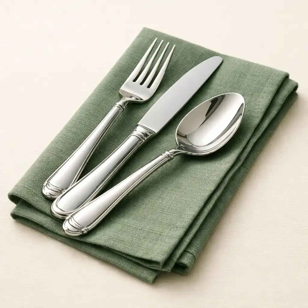 Elegant silver cutlery arranged on a sage green linen napkin
