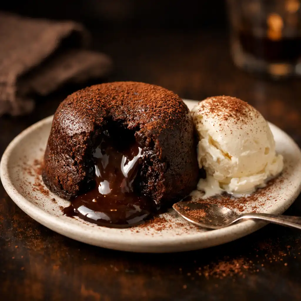 A molten chocolate lava cake with vanilla ice cream and cocoa dusting on a small plate