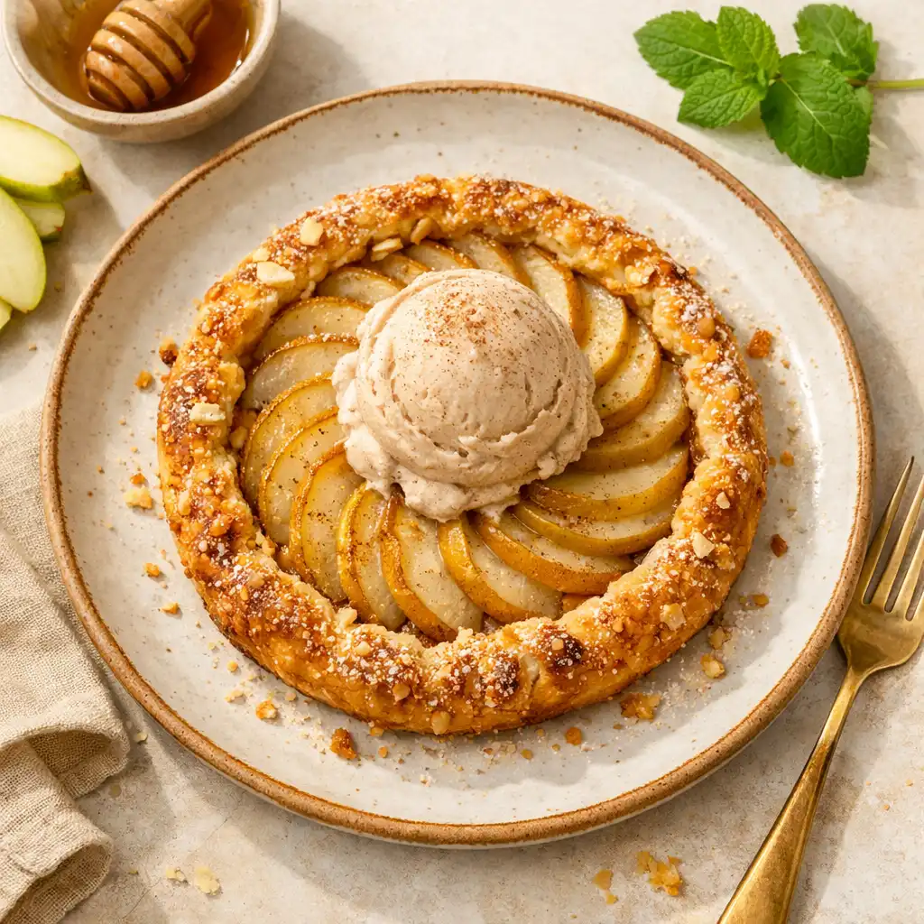 A pear tart with crisp crust and cinnamon ice cream on a ceramic plate