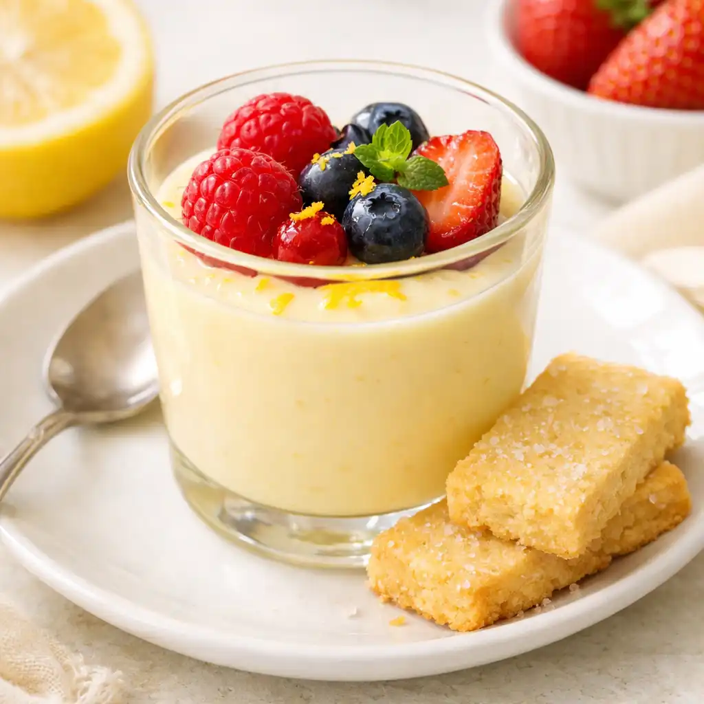A lemon posset with shortbread cookies and fresh berries in a small glass