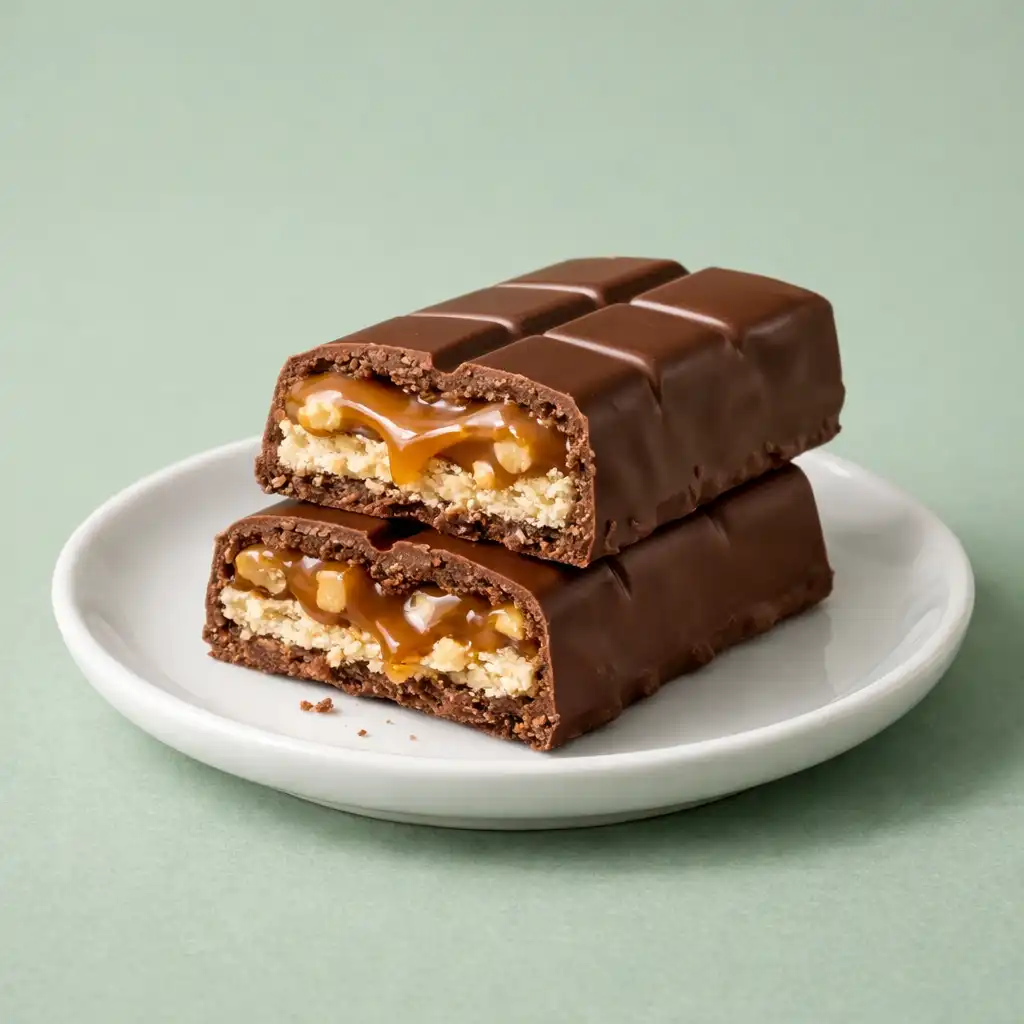 A broken chocolate bar on a small white plate against a sage green background