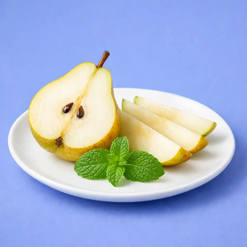 A sliced pear arranged on a white plate with a sprig of mint against a blueberry background