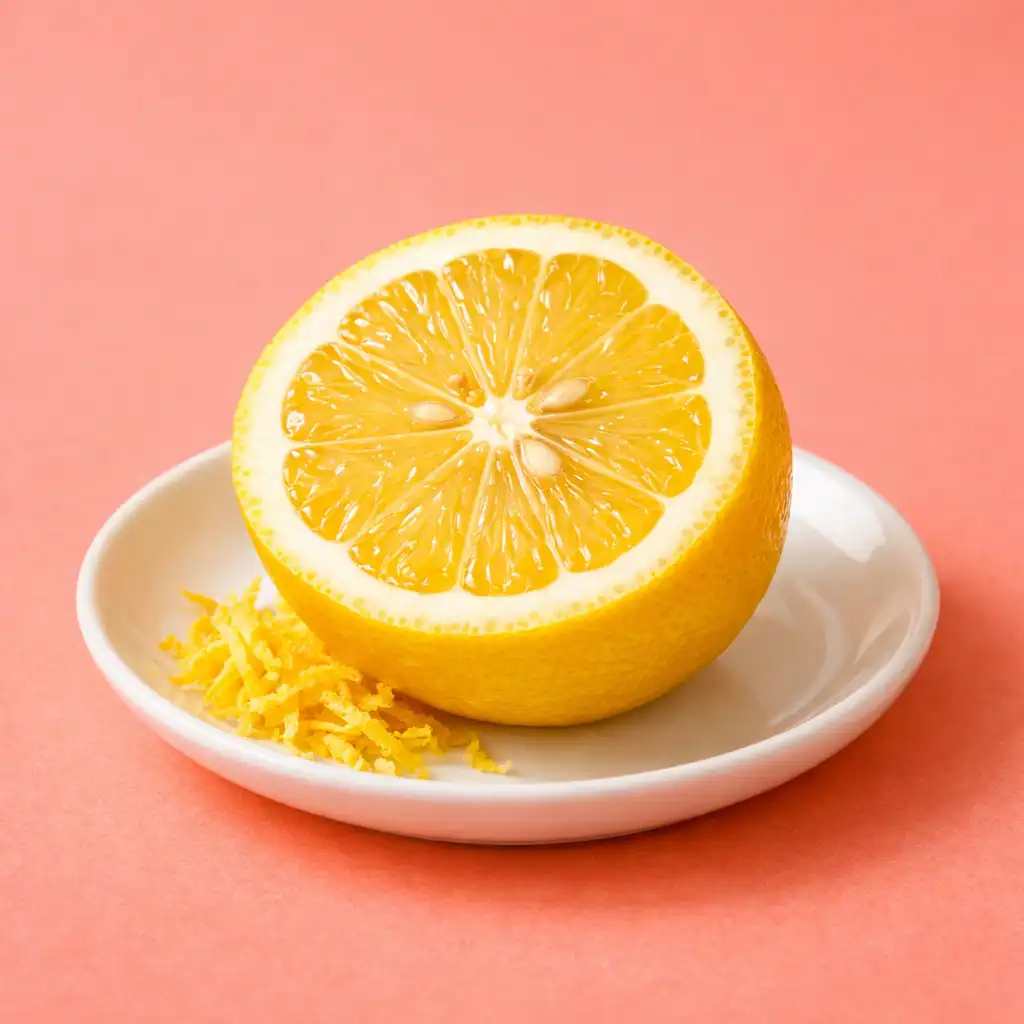 A lemon cut in half with zest visible on a small white plate against a coral background