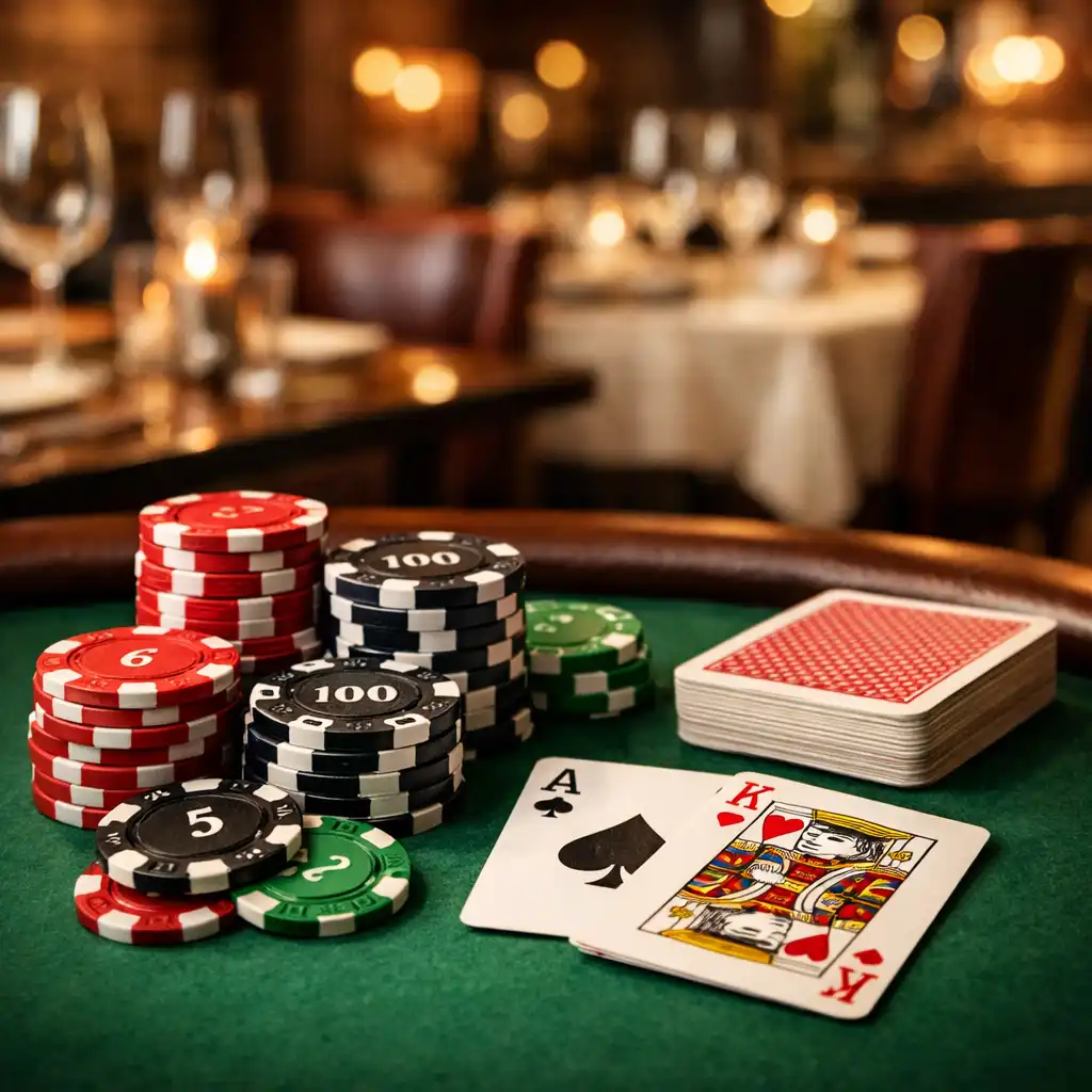 Close-up of a physical poker table with green felt, professional chips, and a deck of cards in a warm restaurant setting