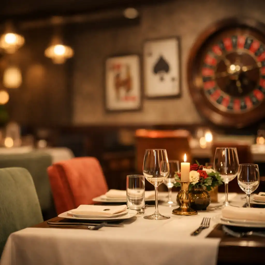 Warmly lit dining room at Plate & Sage with wooden tables, sage and coral chairs, and subtle casino-inspired decor