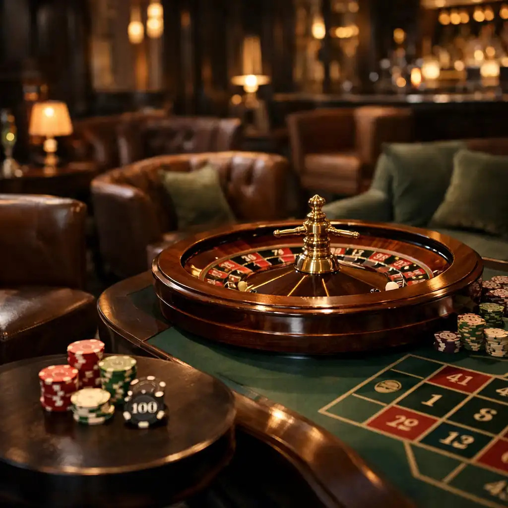 Sophisticated lounge with a physical roulette table, poker chips, and plush seating in deep brown and sage tones