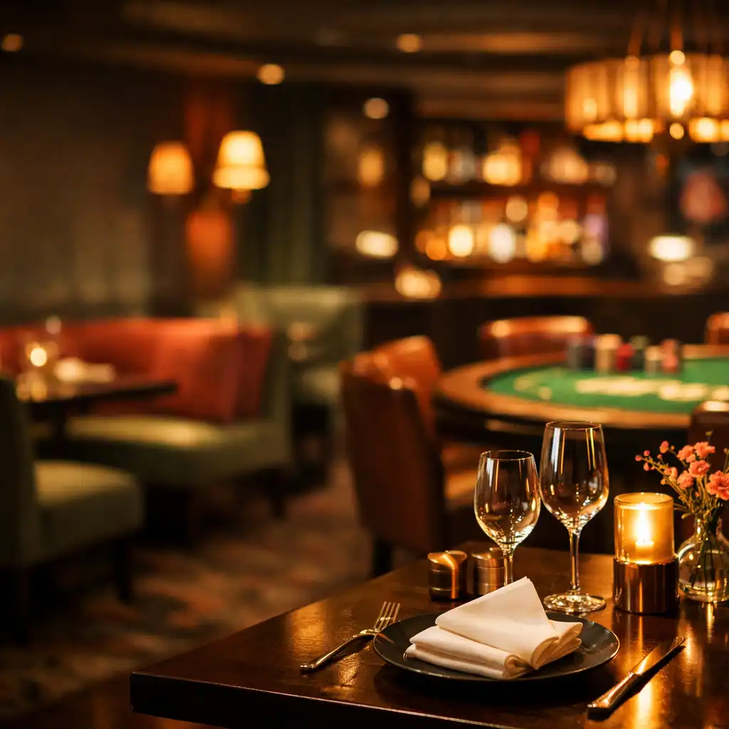 Upscale restaurant interior at night with warm lighting, sage green and coral accents, and a subtle poker table in the background