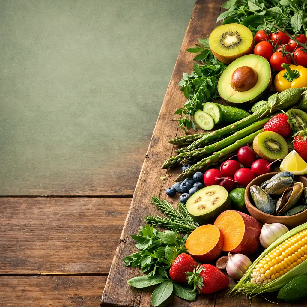Fresh New Zealand vegetables, herbs, and fruit arranged on a wooden table in natural light