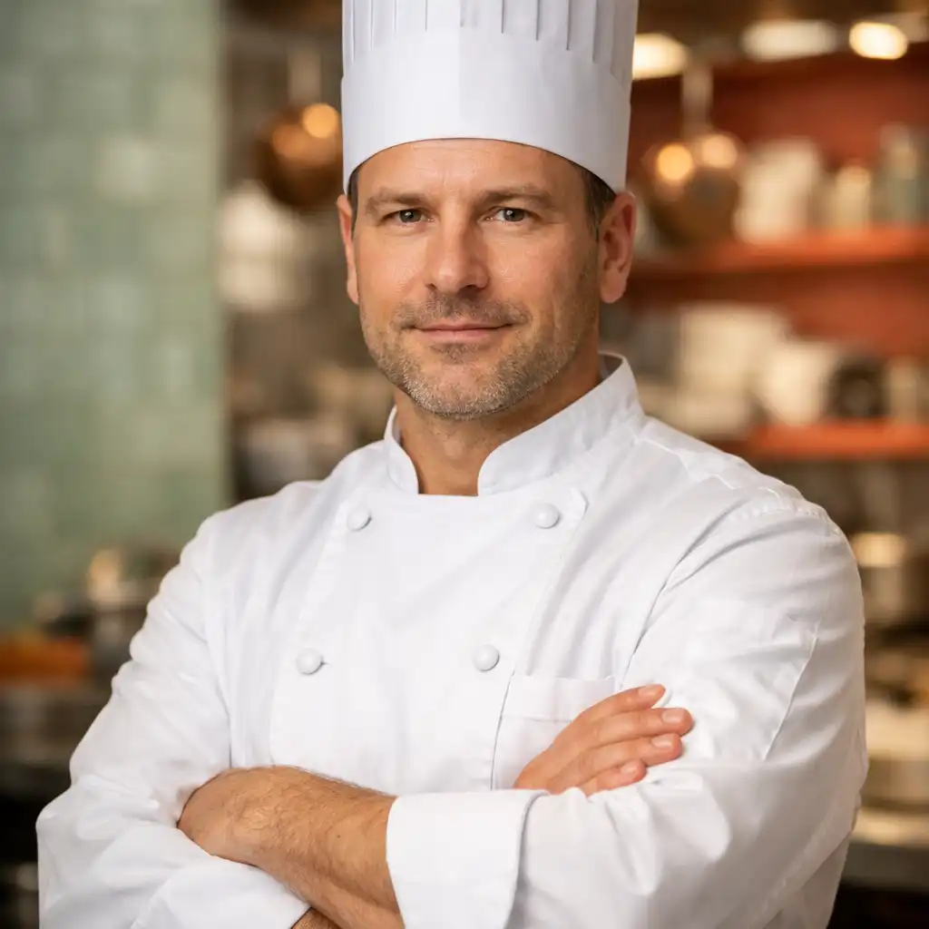 Portrait of the Plate & Sage head chef in a white uniform, arms crossed and smiling in the kitchen
