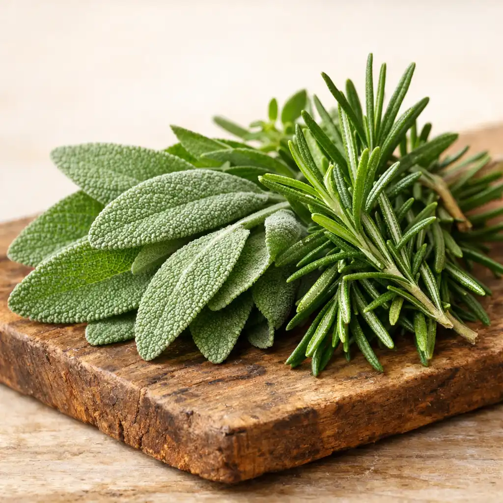 Fresh sage and rosemary arranged on a rustic wooden board