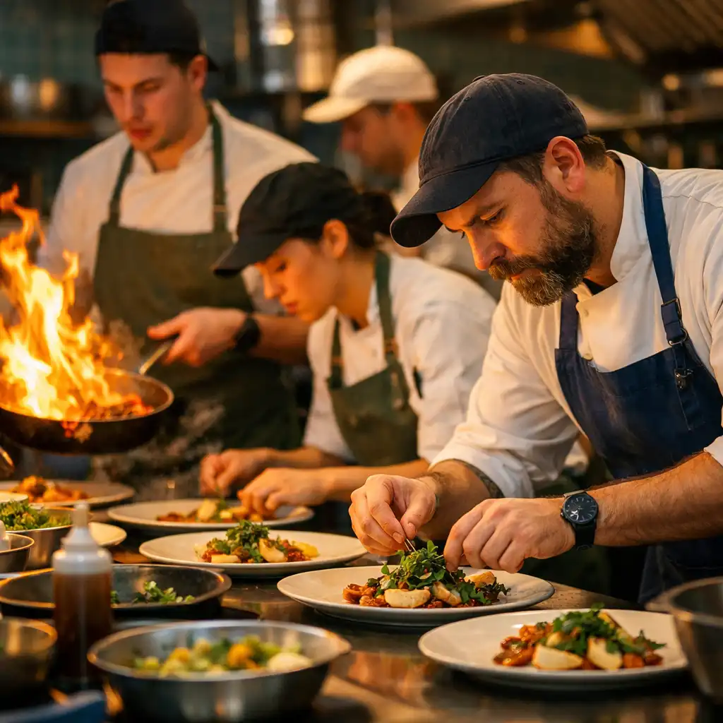 Chefs working in the open Plate & Sage kitchen during dinner service, plating dishes with precision