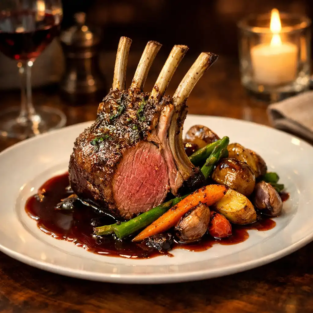 A meat-based main course with roasted vegetables and red wine jus on a large white plate