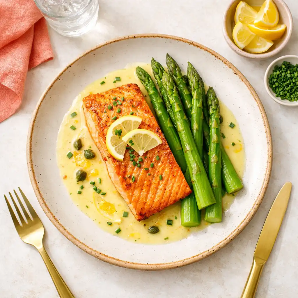 A seafood main with pan-seared salmon, citrus beurre blanc and asparagus on a ceramic plate