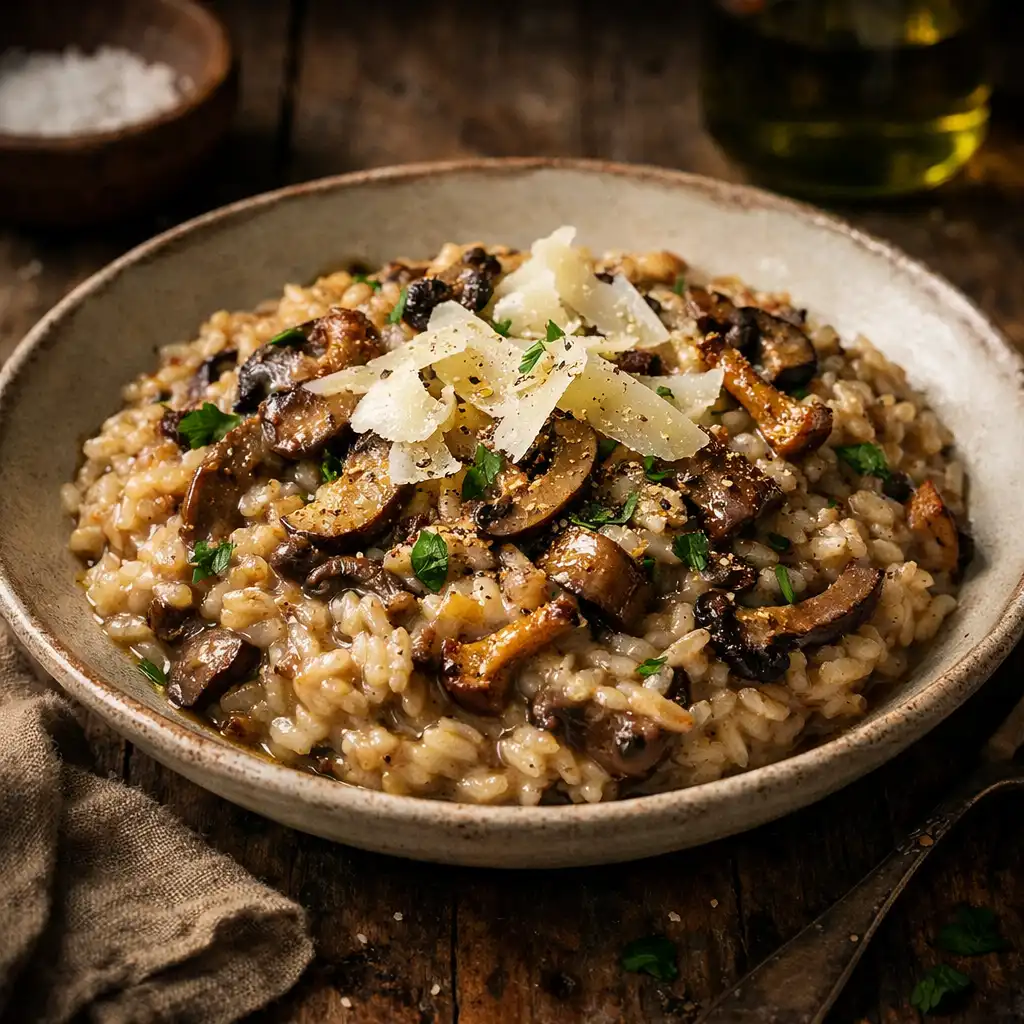 A vegetarian main of wild mushroom risotto with shaved parmesan and truffle oil in a shallow bowl