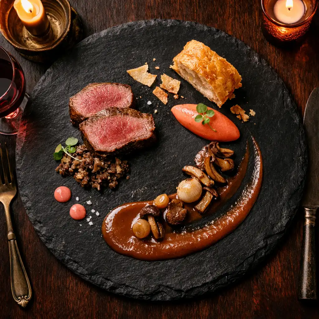 A signature main with a unique twist, elements artfully arranged on a black slate plate