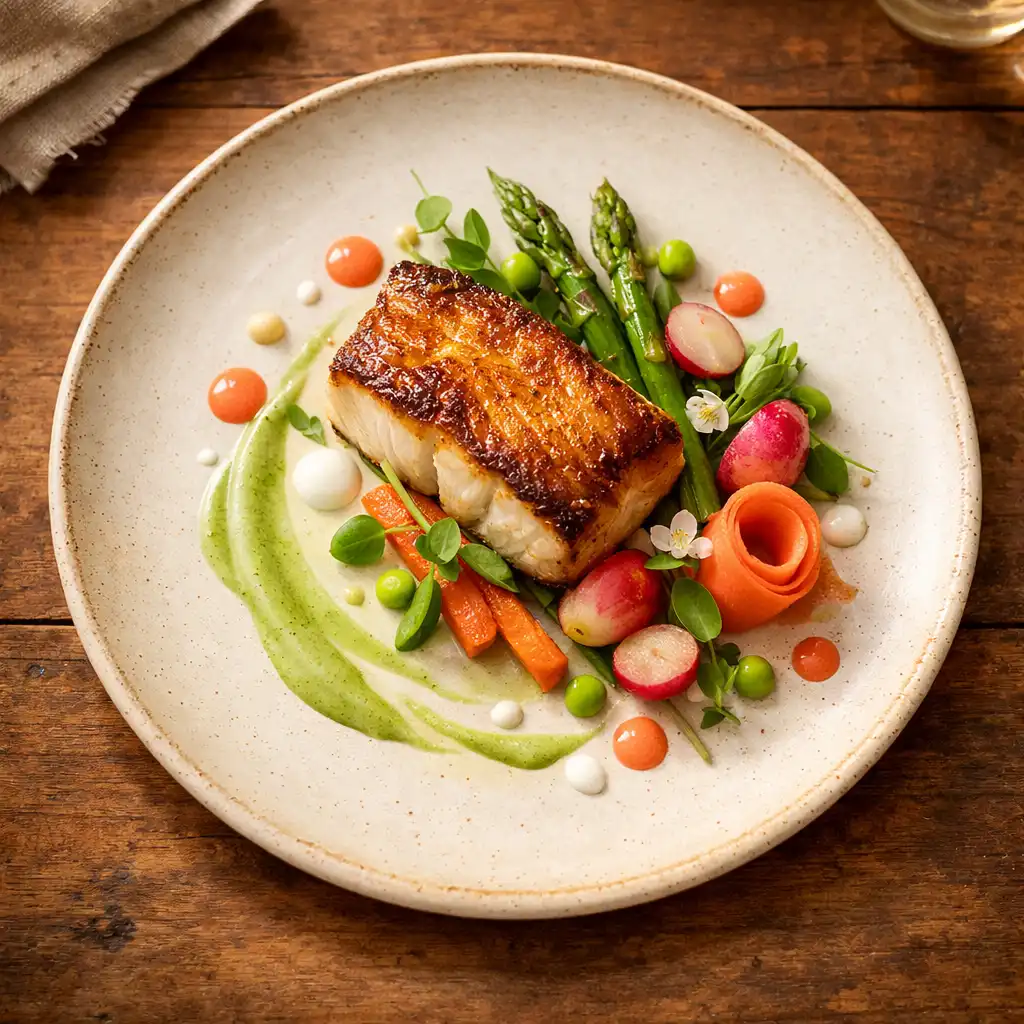 A beautifully plated signature dish with seared protein, vibrant vegetables and delicate sauce on a rustic wooden table
