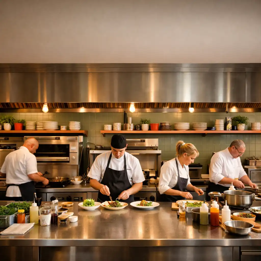Wide view of the Plate & Sage kitchen during service, with chefs working at stainless steel counters under warm lighting