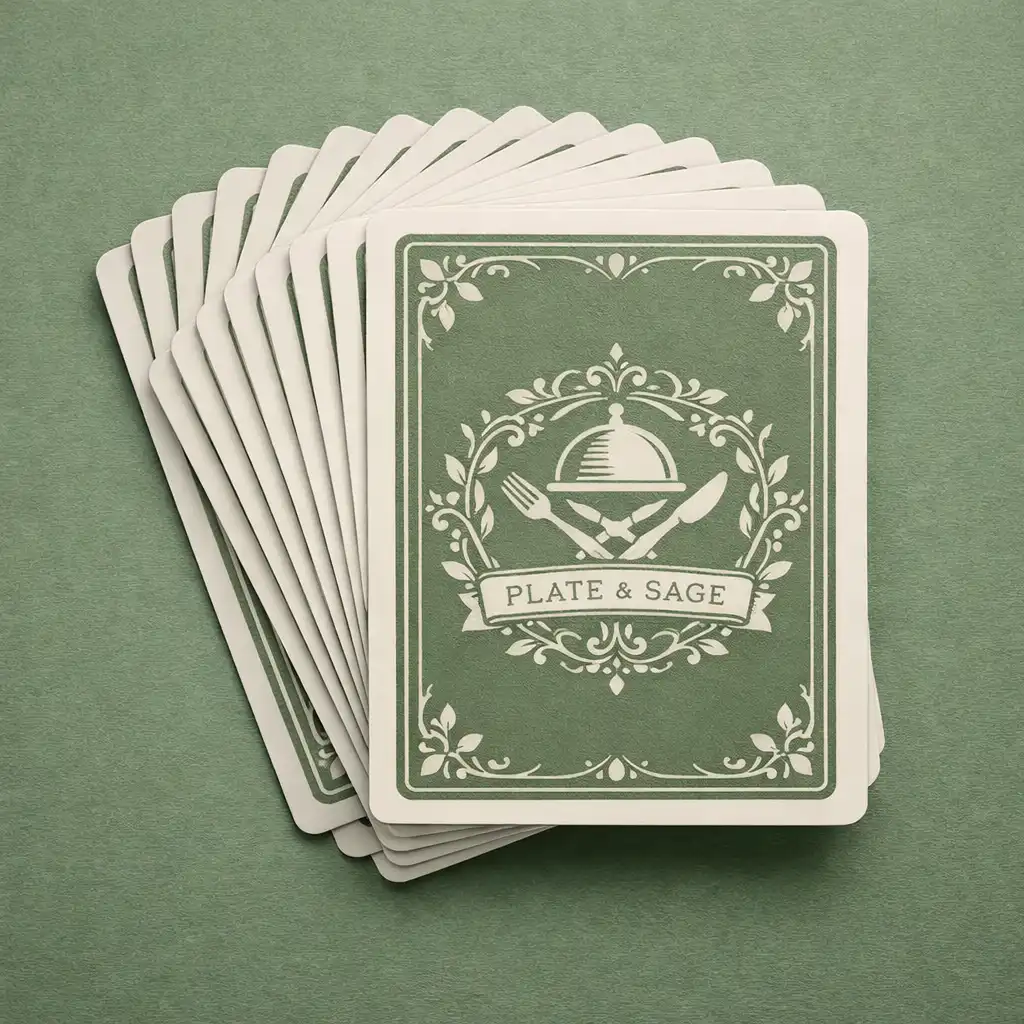 A fanned deck of premium playing cards with custom Plate and Sage motif backs on a sage green background.