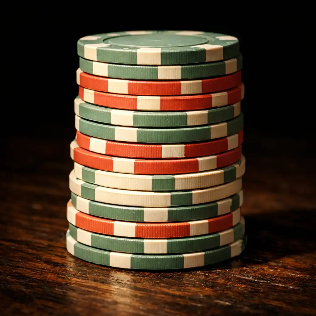 Stack of poker chips in coral, sage green, and ivory on a dark wooden table