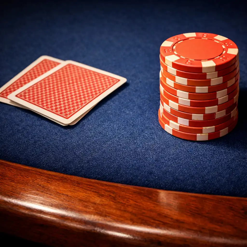 Close-up of the poker table surface showing the wood edge, deep blueberry felt, and a neat stack of coral and ivory chips.