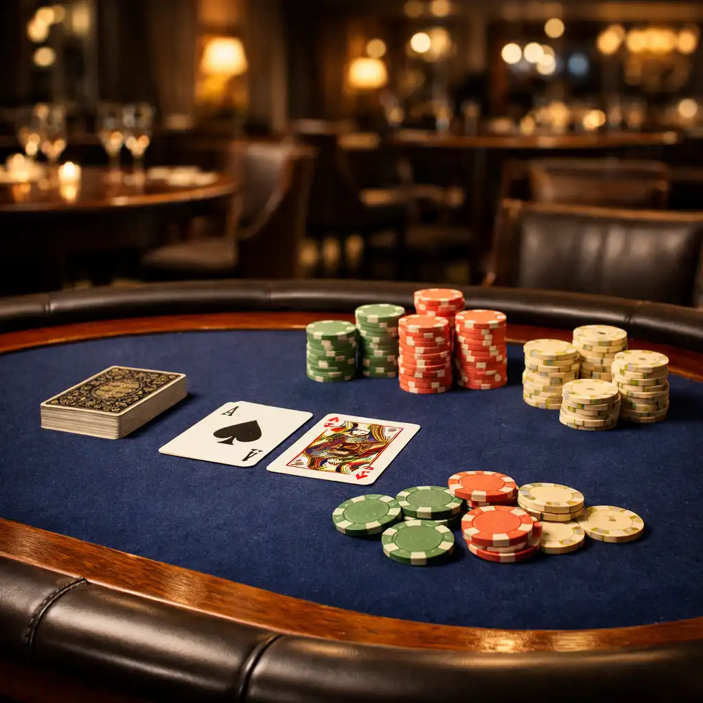 A luxurious physical poker table with deep blueberry felt, playing cards, and colorful chips in an elegant restaurant setting.