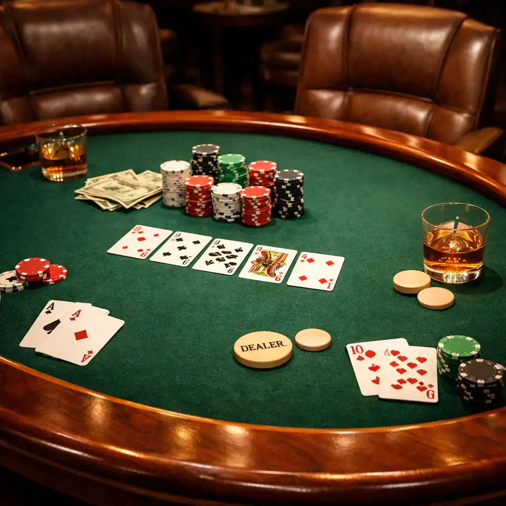 Elegant poker table with green felt surface and leather chairs