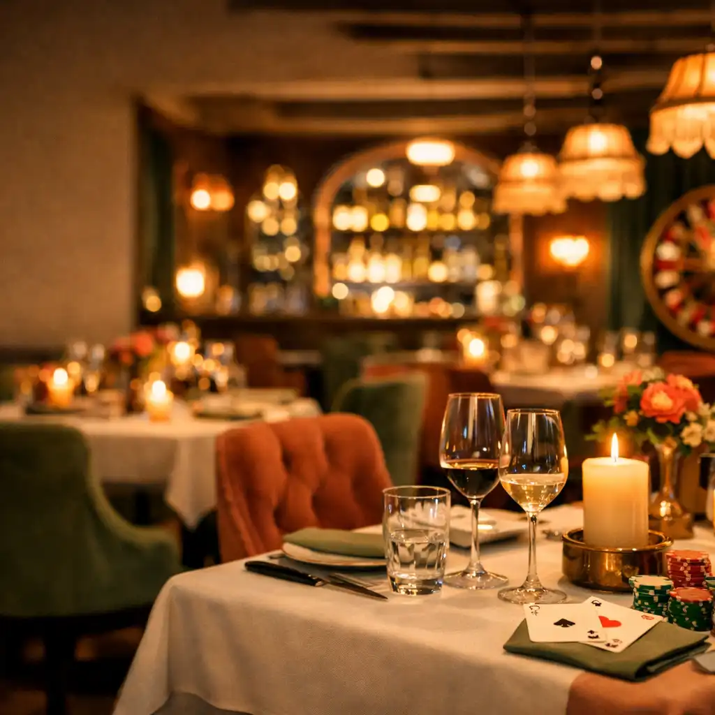 Warmly lit restaurant interior at dusk with elegantly set tables and soft candlelight