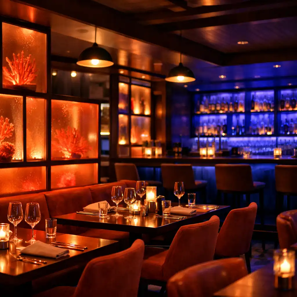 Evening interior of Plate & Sage with warm backlit glass compartments and a blueberry-toned bar in the background