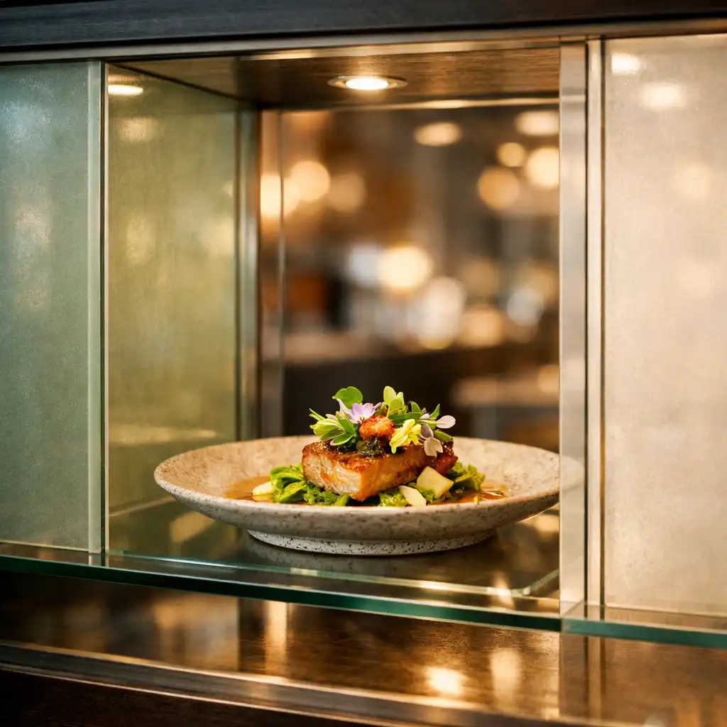 Close-up of a glass display compartment with a beautifully plated dish inside