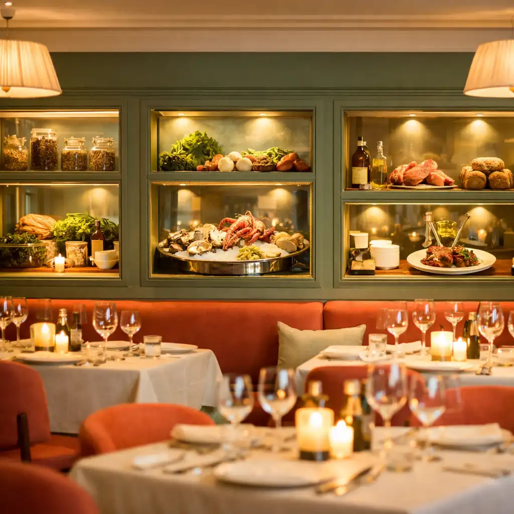 Interior of the Plate & Sage dining room with sage green walls, glass display compartments, and warm evening lighting