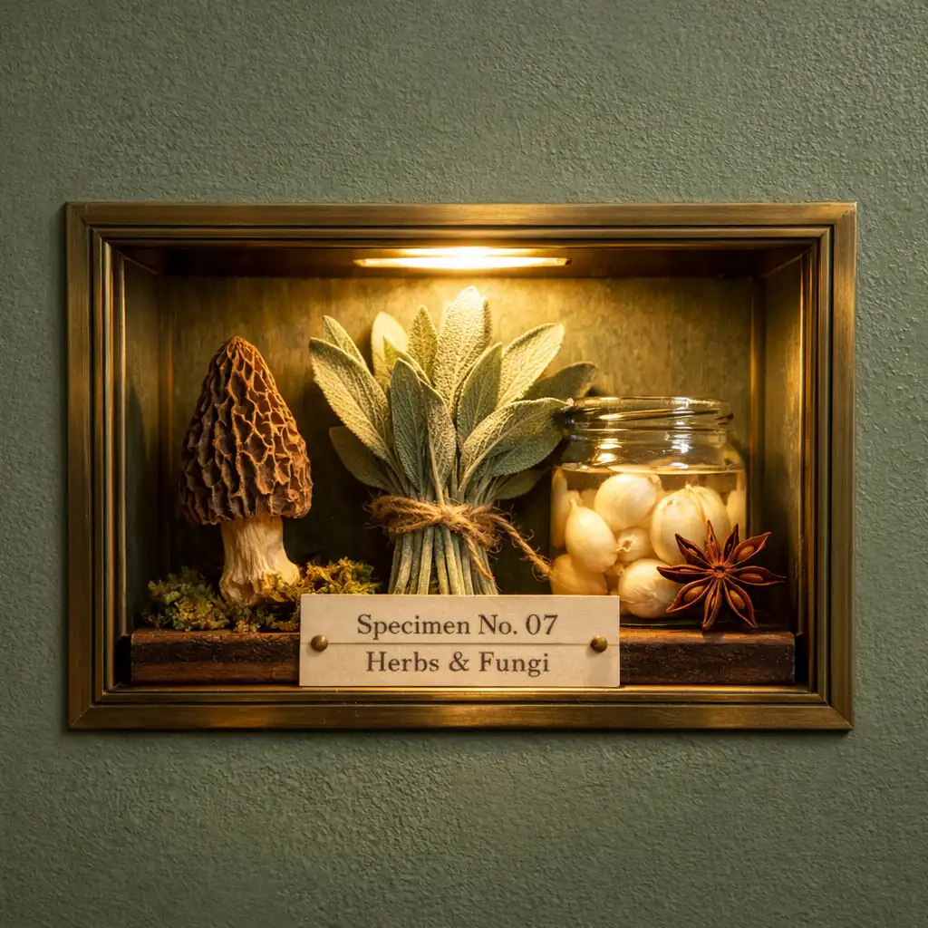 Glass-like display compartment with ingredients inside the Plate & Sage dining room
