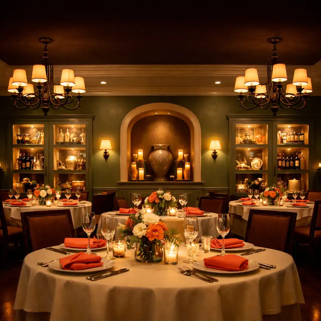 Warmly lit dining room at Plate & Sage with sage green walls, ivory linens, coral accents, and glass display compartments