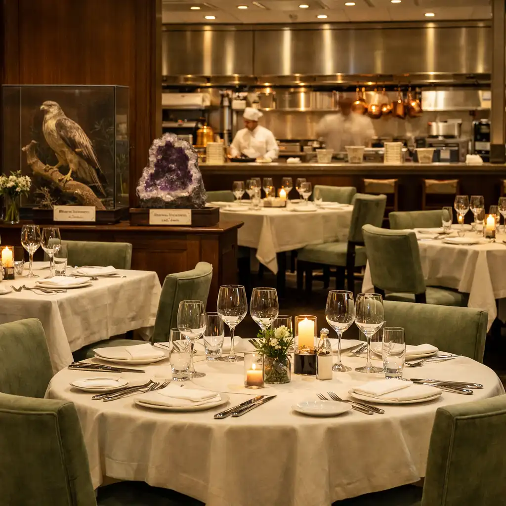 Main dining room with ivory linens, sage green chairs, and an open kitchen in the background