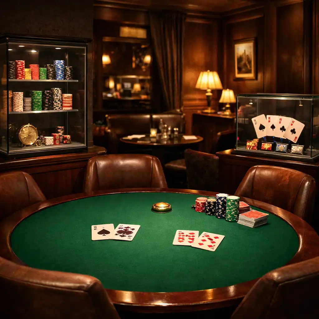 A discreet corner styled as a private poker lounge with a green felt table and glass display cases
