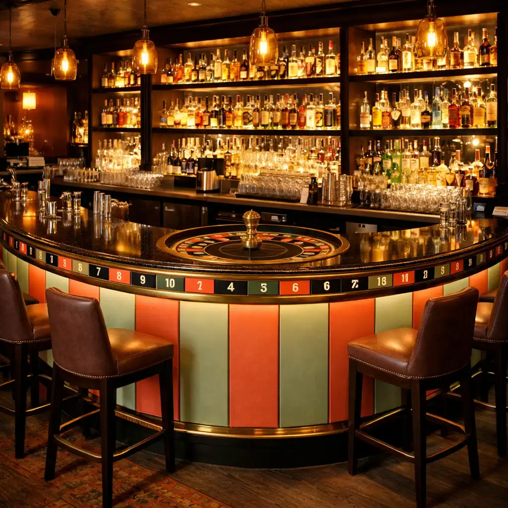Bar counter inspired by a roulette wheel with alternating sage and coral segments and backlit shelves