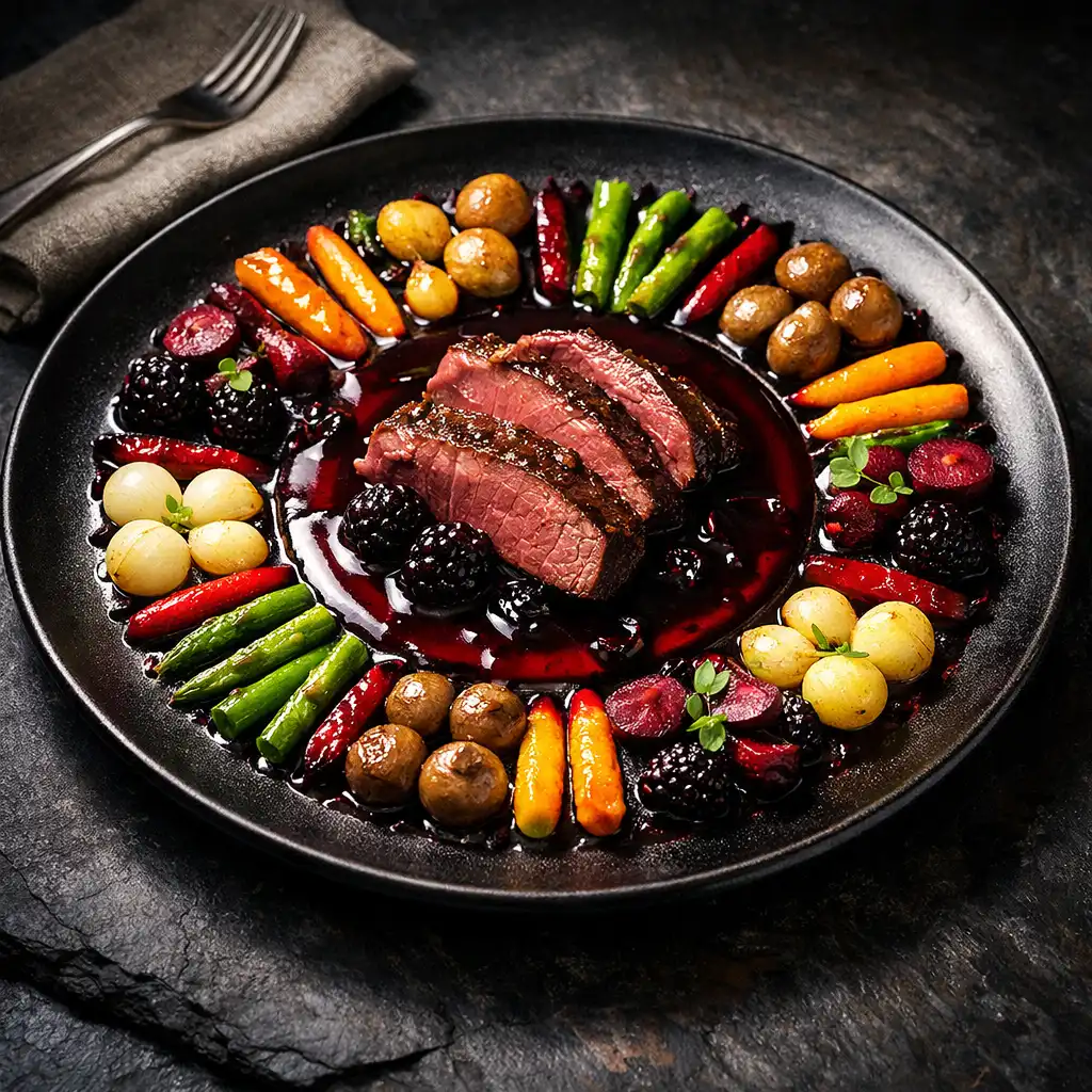 The Roulette Red dish with venison loin and circular arrangement of baby vegetables