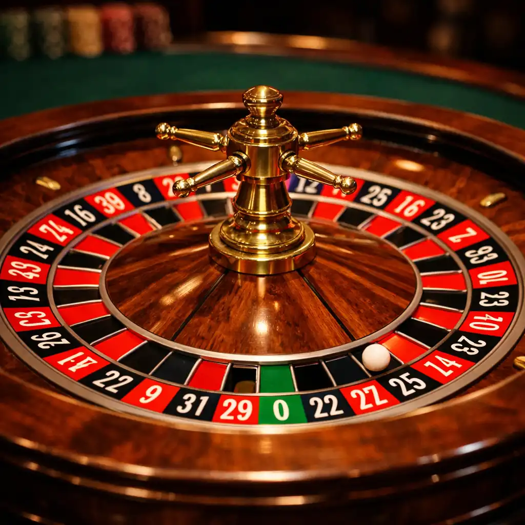 Roulette wheel in sharp focus on a casino table with warm lighting