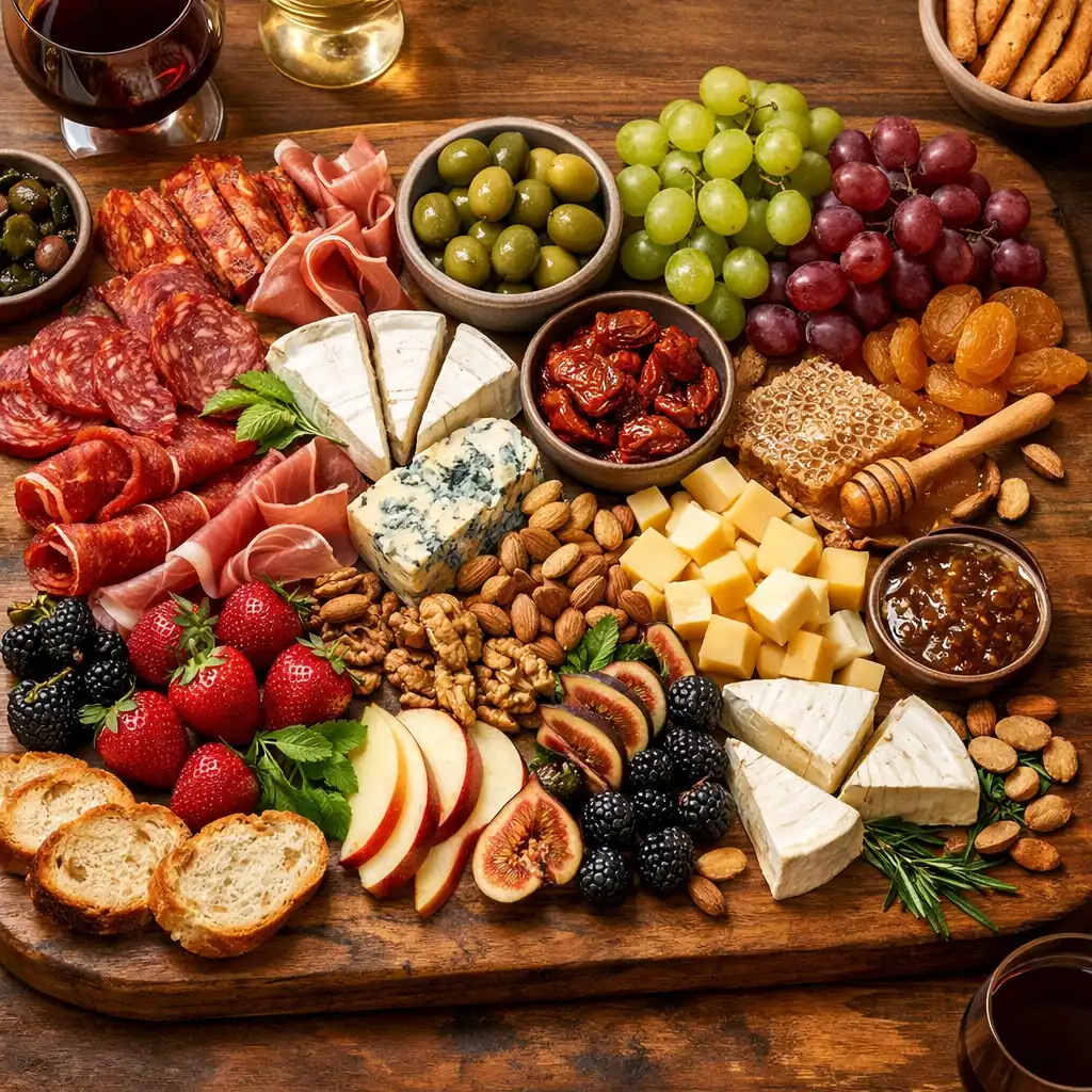 A charcuterie and cheese board with cured meats, cheeses, fruits and nuts on a large wooden board