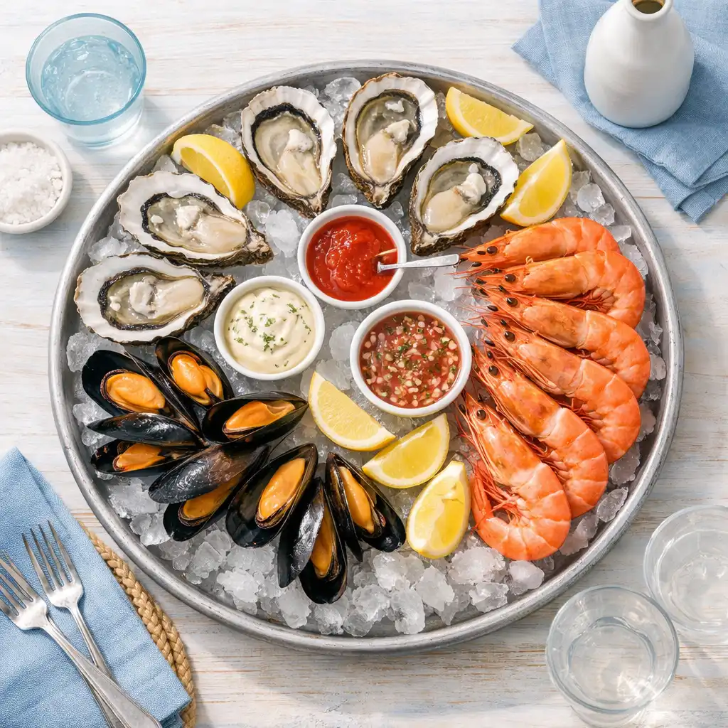 A seafood platter with fresh oysters, prawns and mussels on a bed of ice with lemon wedges and dipping sauces
