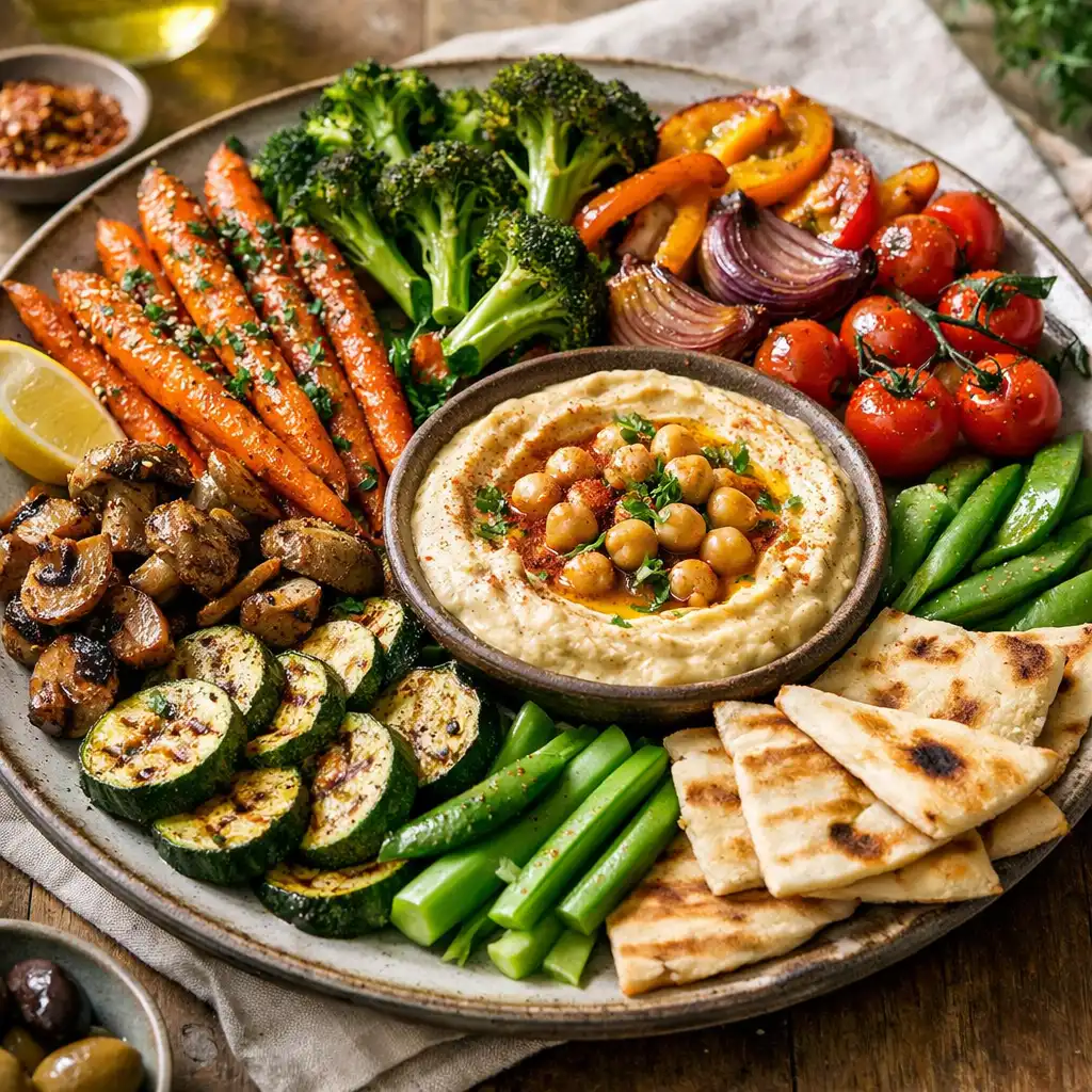 A vegetable-forward platter with roasted vegetables, hummus and flatbread on a ceramic platter