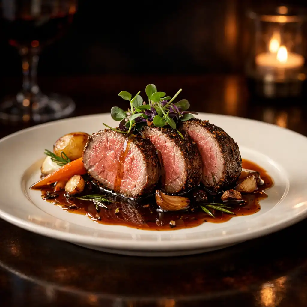 Beautifully plated herb-crusted lamb with seasonal vegetables on a ceramic plate