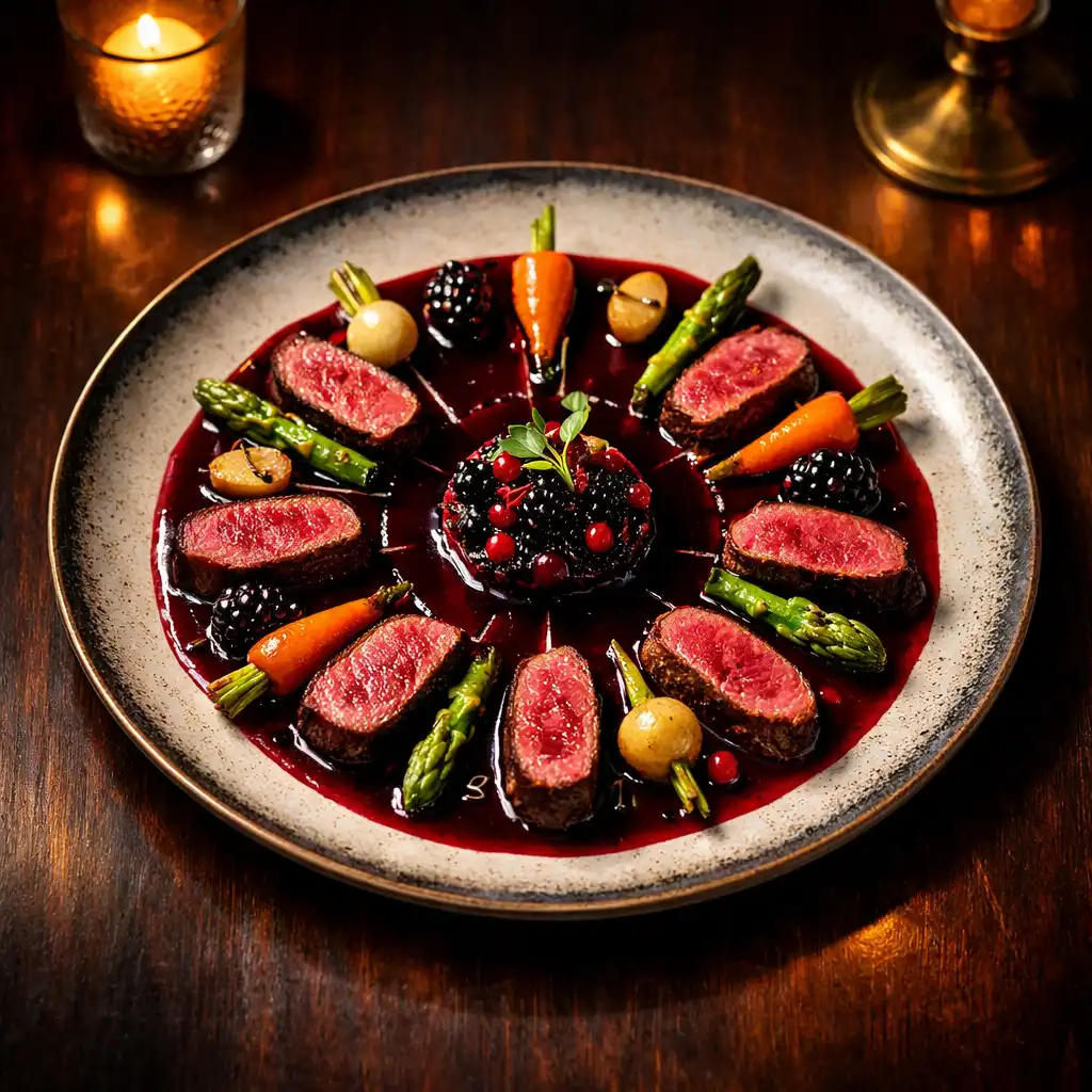Seared venison loin with beetroot and blackberry reduction arranged like a roulette wheel