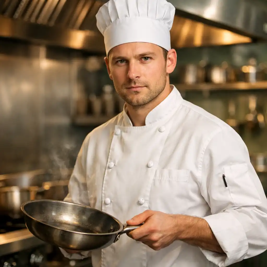 Portrait of the Plate & Sage sous chef in a white uniform, holding a pan with a focused expression