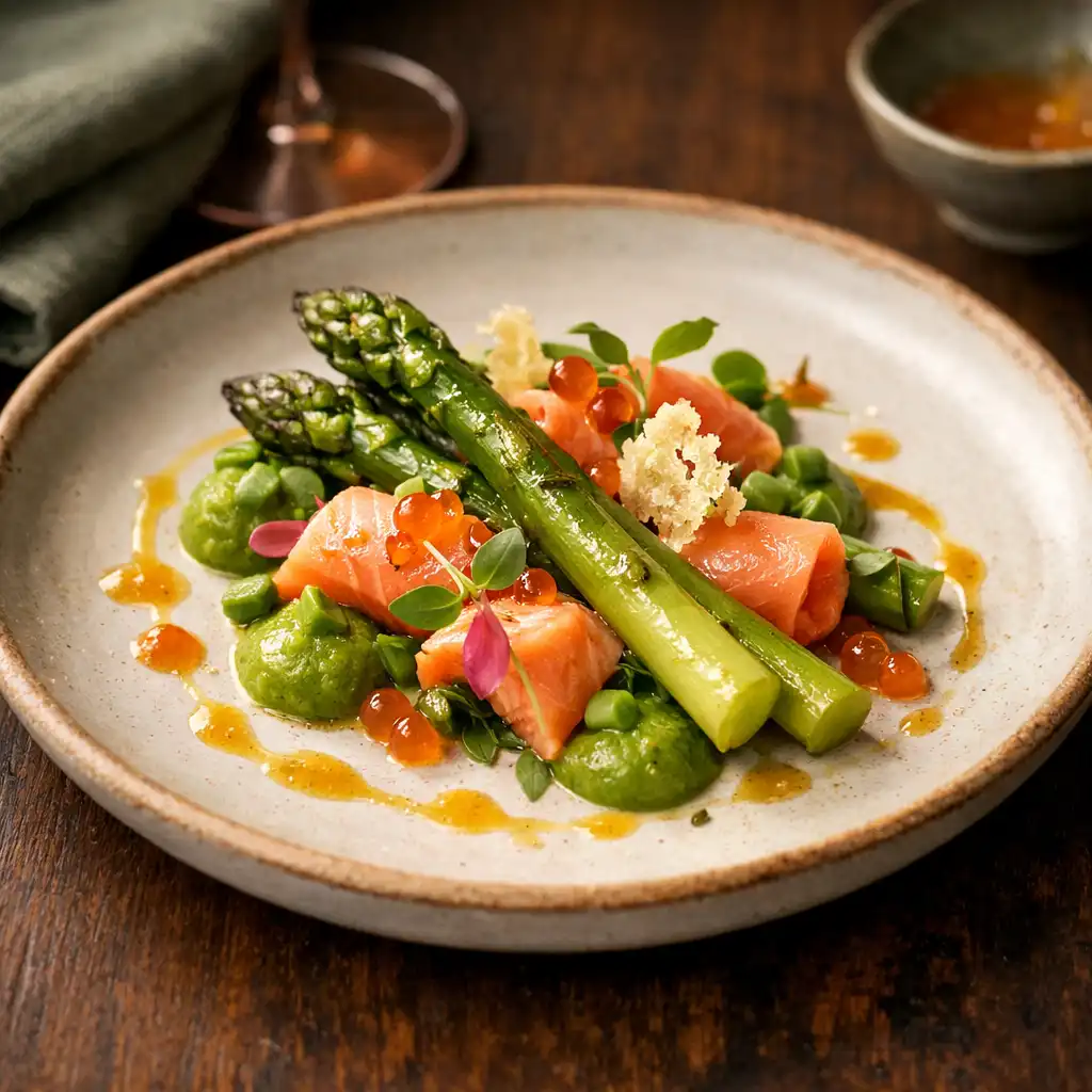 The finished starter dish featuring the tomato, plated with complementary ingredients and a drizzle of sauce