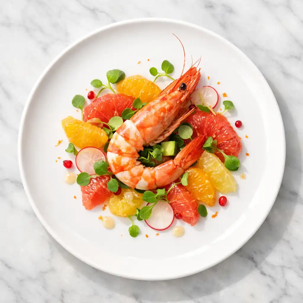 The finished seafood starter with prawn, citrus segments and microgreens on a white plate